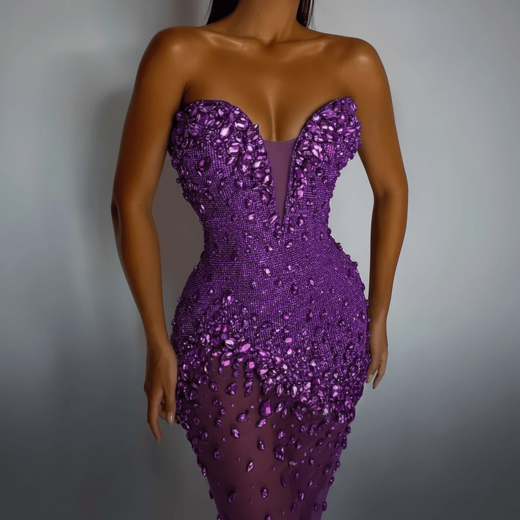 Silver Gemstone Encrusted Deep V Strapless Mini Party Dress | Homecoming Dress