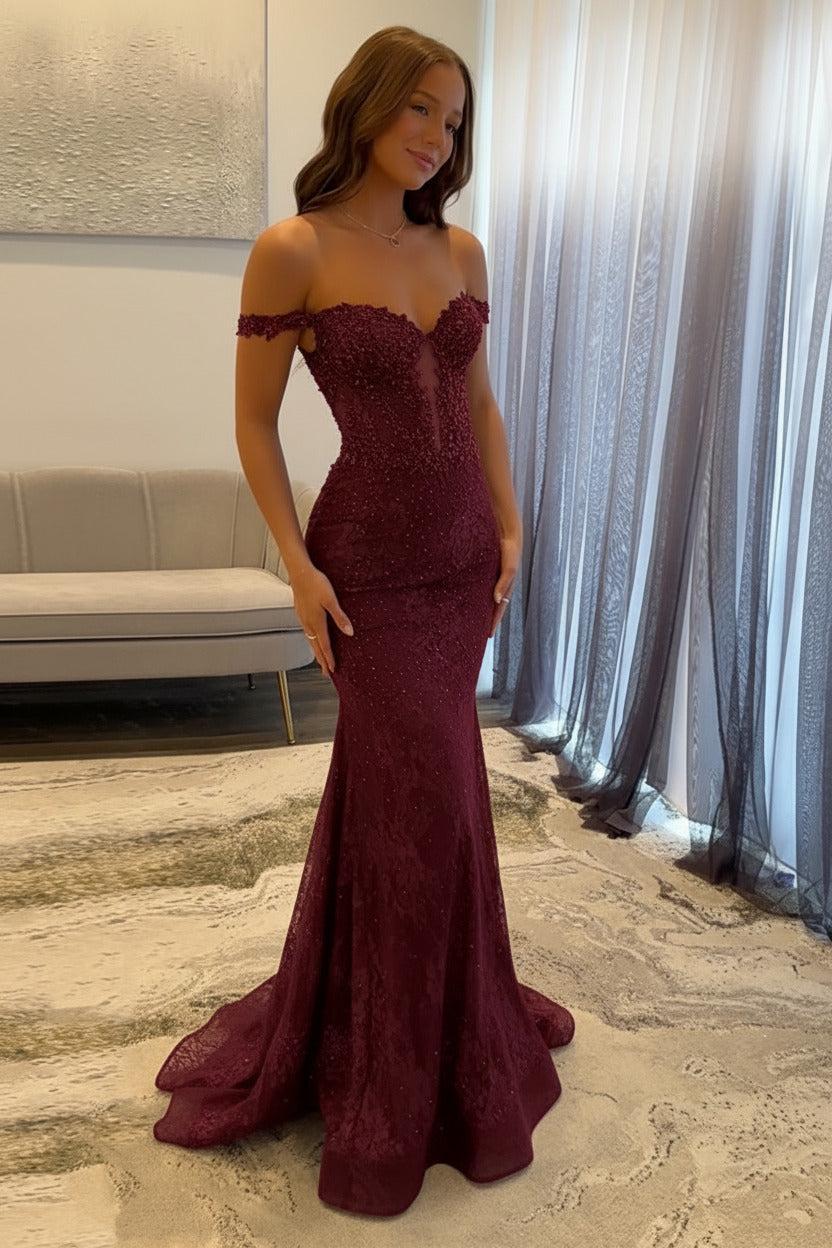 Navy Prom Dress Off The Shoulder Mermaid Long Lace Formal Dress-LLELLA