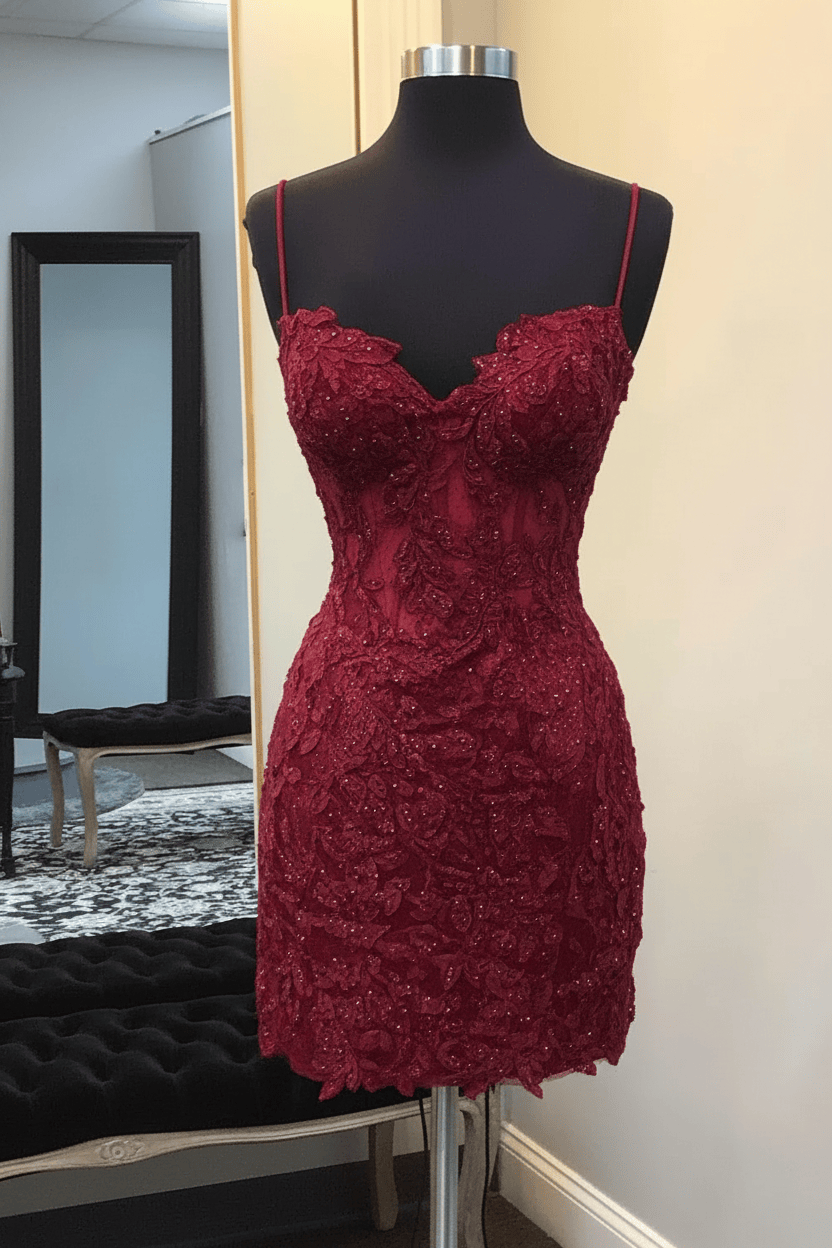 Black Spaghetti Straps Bodycon Corset Short Homecoming Dress with Appliques