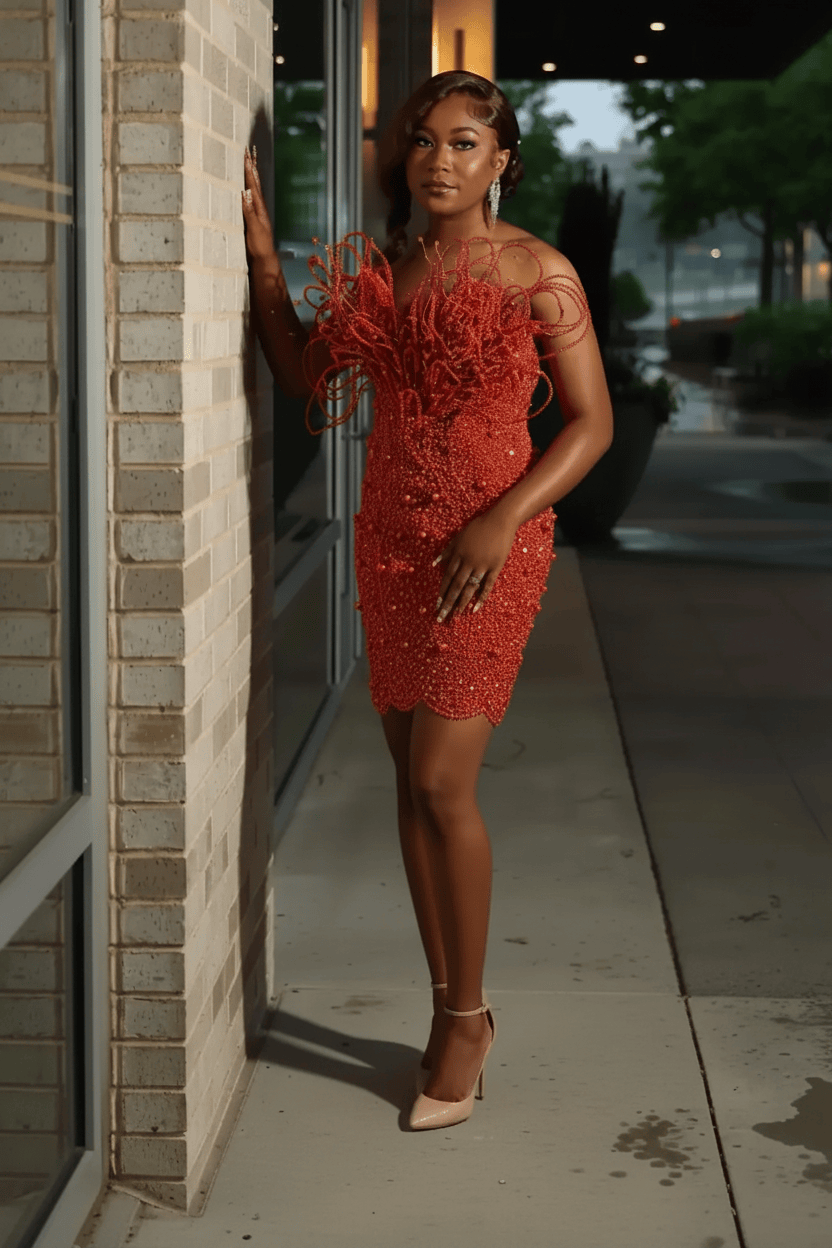Burnt Orange Red Crystal Beaded Off-Shoulder Homecoming Mini Party Dress with Sculptural Floral Detail