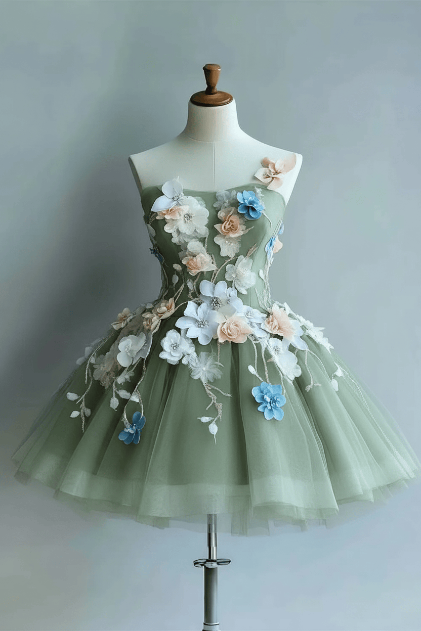 Strapless Tulle Flowers Homecoming Dress