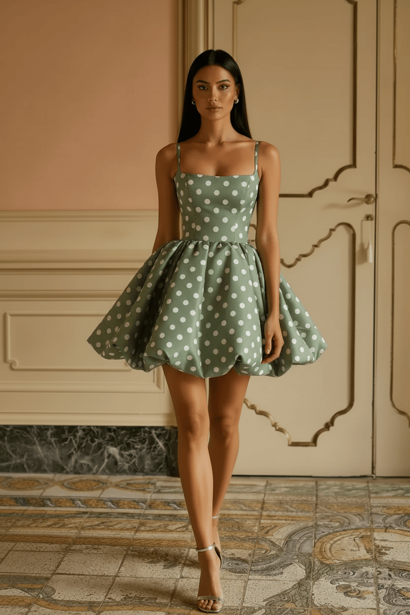 Black White Polka Dot Spaghetti Strap Open Back Short Homecoming Dress