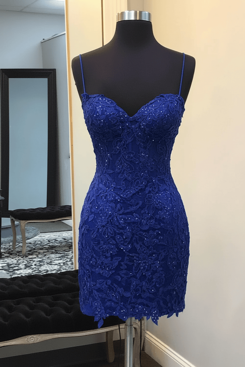 Black Spaghetti Straps Bodycon Corset Short Homecoming Dress with Appliques