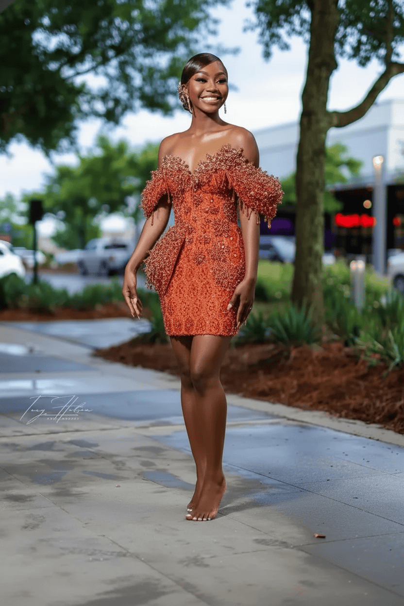 Burnt Orange Off-Shoulder Sequin Beaded Mini Homecoming Dress | Short Party Dress HC053