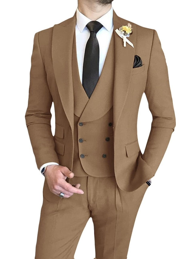 Men's Tailored Fit Single Breasted One-button 3 Pieces Wedding Suits Khaki