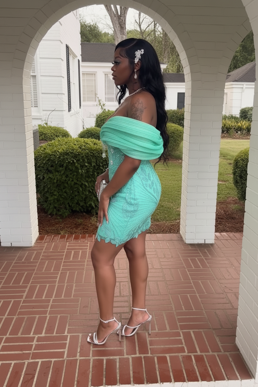 Emerald sequin mini party dress side view