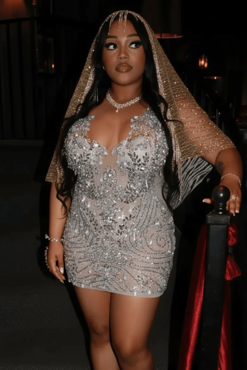 Gold Sequin Beaded Sheer Mini Homecoming Dress with Crystal Fringe Sleeves | Short Party Dress HC060