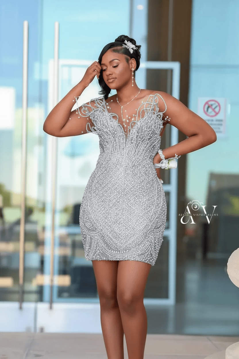 White Ivory Pearl Beaded Strapless Mini Dress | Short Homecoming Party Dress HC088