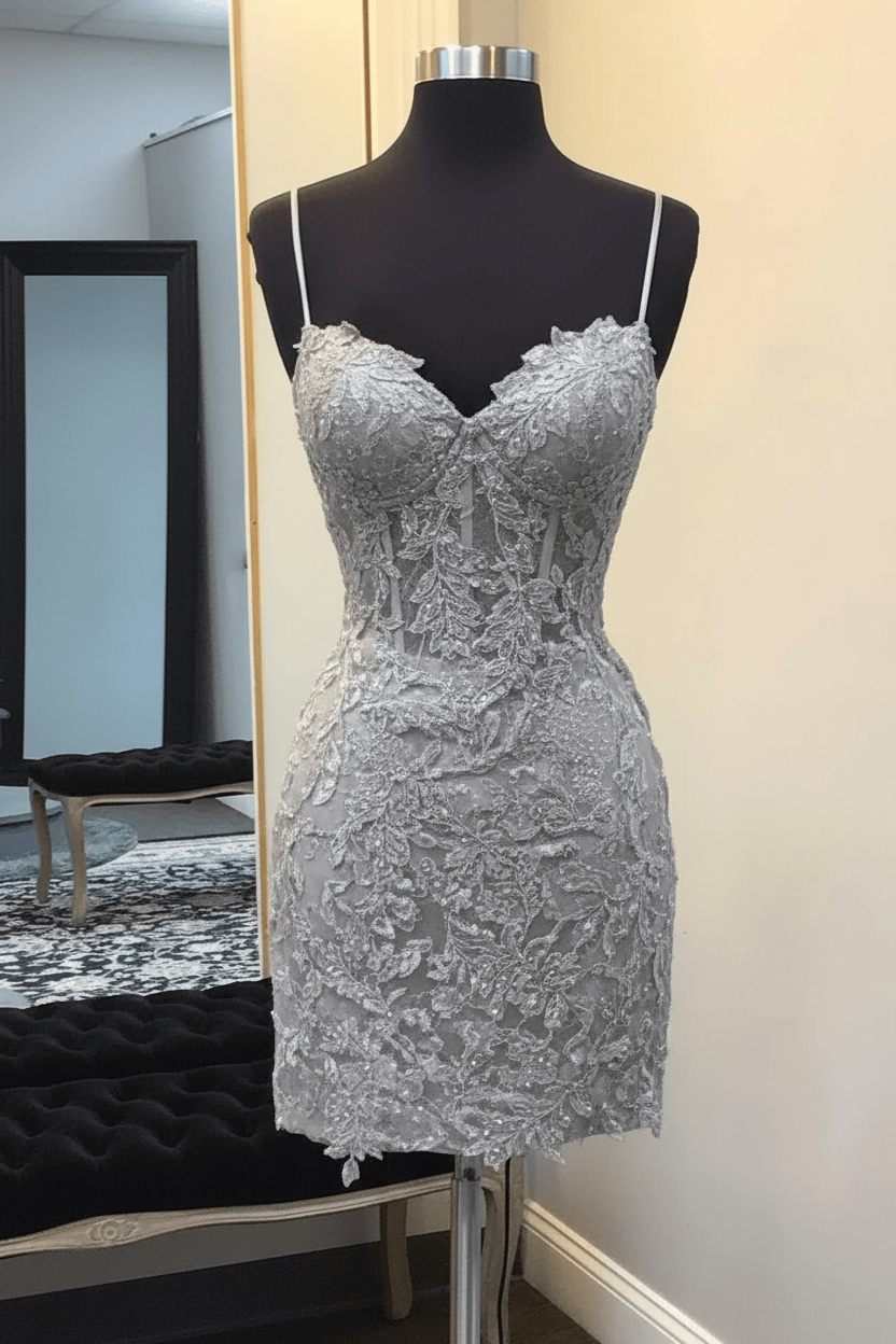 Black Spaghetti Straps Bodycon Corset Short Homecoming Dress with Appliques