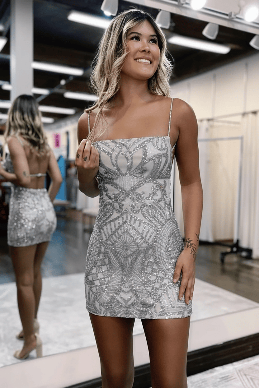 Sheath Spaghetti Straps Purple Sequins Short Homecoming Dress with Criss Cross Back