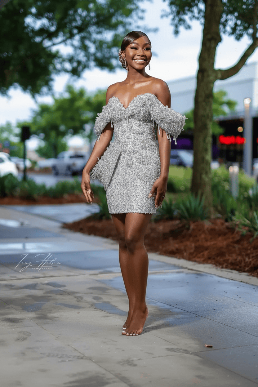 Burnt Orange Off-Shoulder Sequin Beaded Mini Homecoming Dress | Short Party Dress HC053
