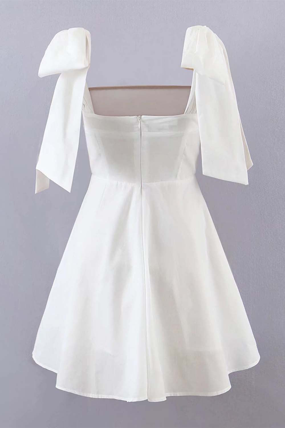 White Shoulder Bow Tie Dress-LLELLA