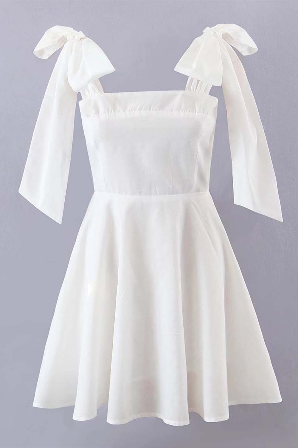 White Shoulder Bow Tie Dress-LLELLA