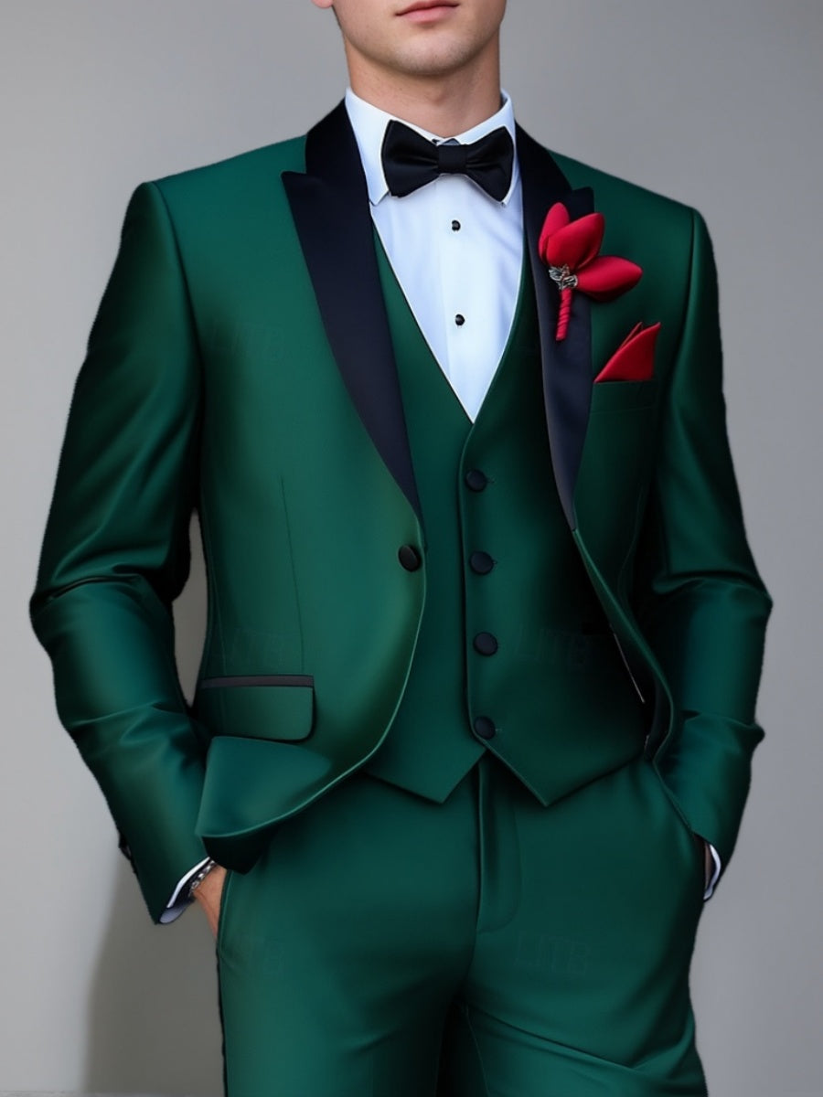 Men's Standard Fit 3 Pieces Single Breasted One-button Peaked Lapel Wedding Party Suits Dark Green