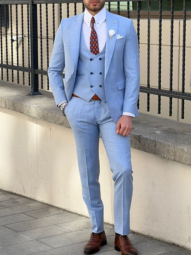 Men's Tailored Fit Single Breasted Two-buttons 3 Pieces Wedding Suits Light Blue