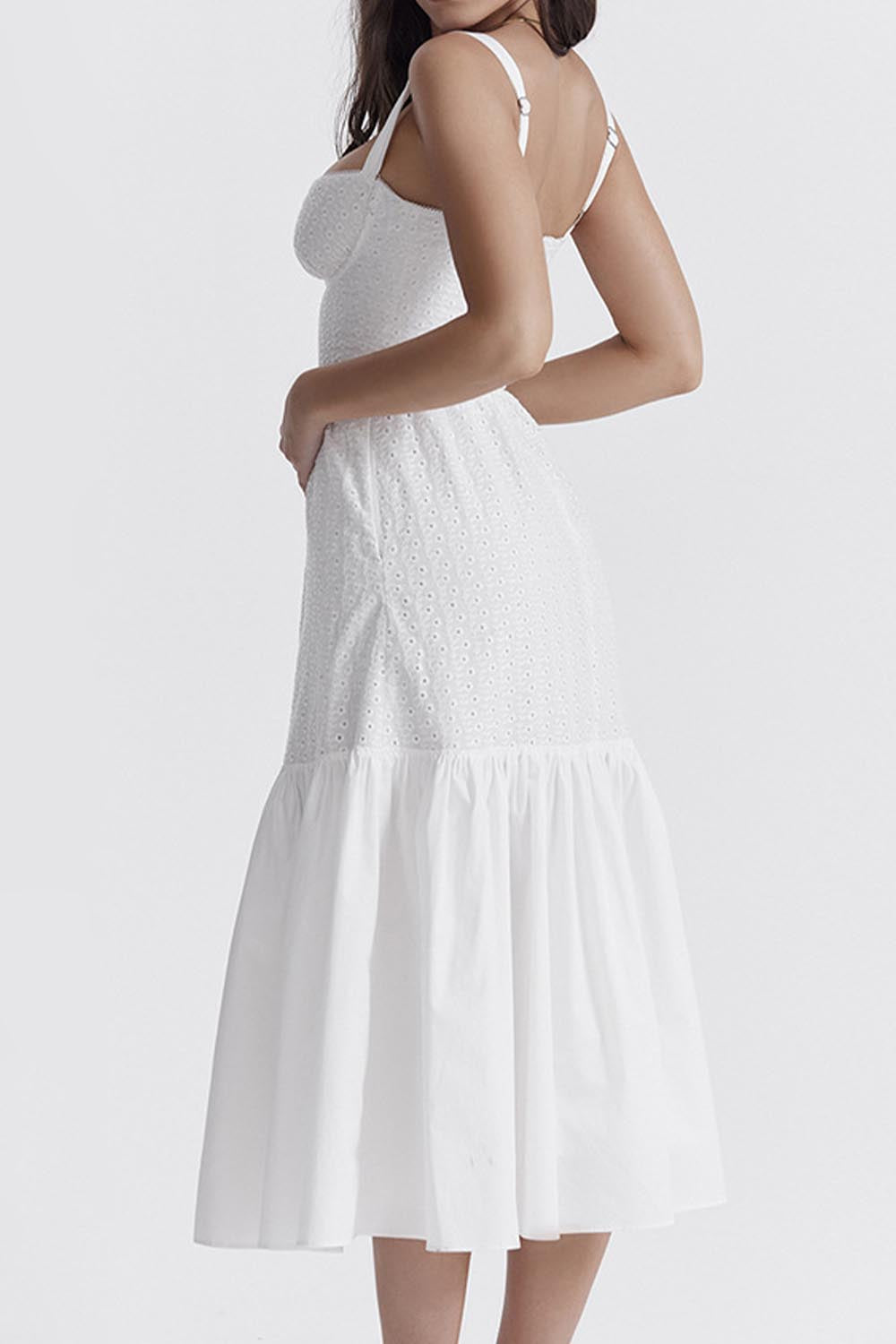 White Broderie Midi Dress-LLELLA
