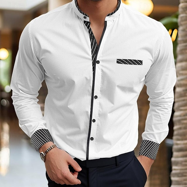 Men's Casual Cotton Blend Long Sleeves Stripes Shirt White