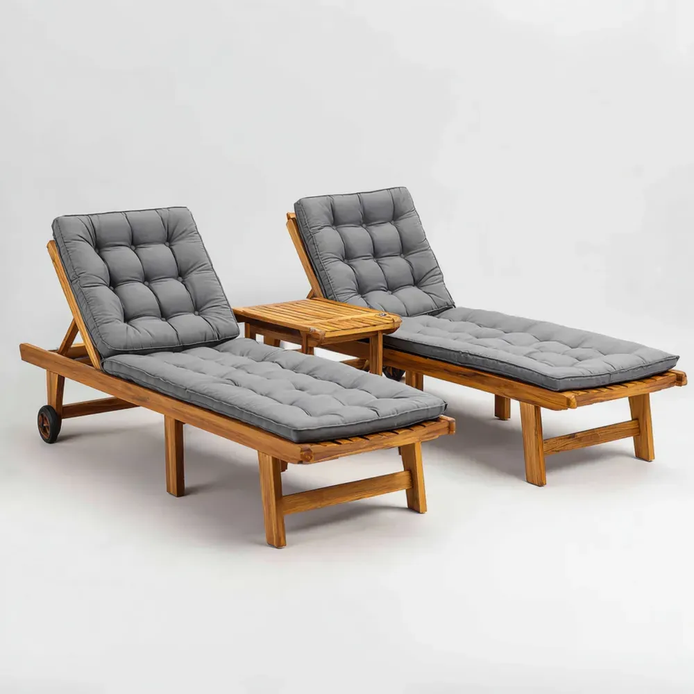 Conjunto de Tumbonas de Jardín Madera de Acacia 200x60x35 cm Cojín Gris – Diseño Clásico con Mesa Auxiliar 40x40x45 cm