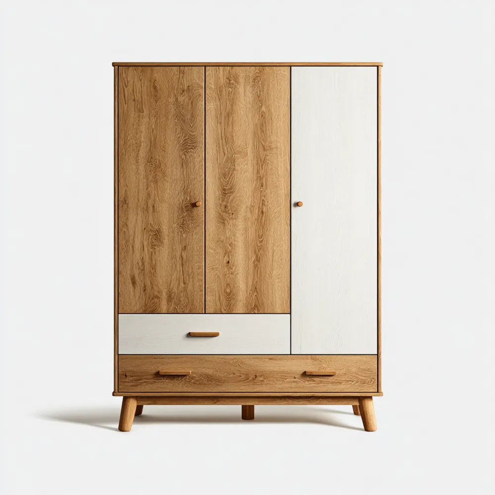 Armario de Madera 120x200x60 cm 3 Puertas – Roble Natural/Blanco – Estilo Moderno