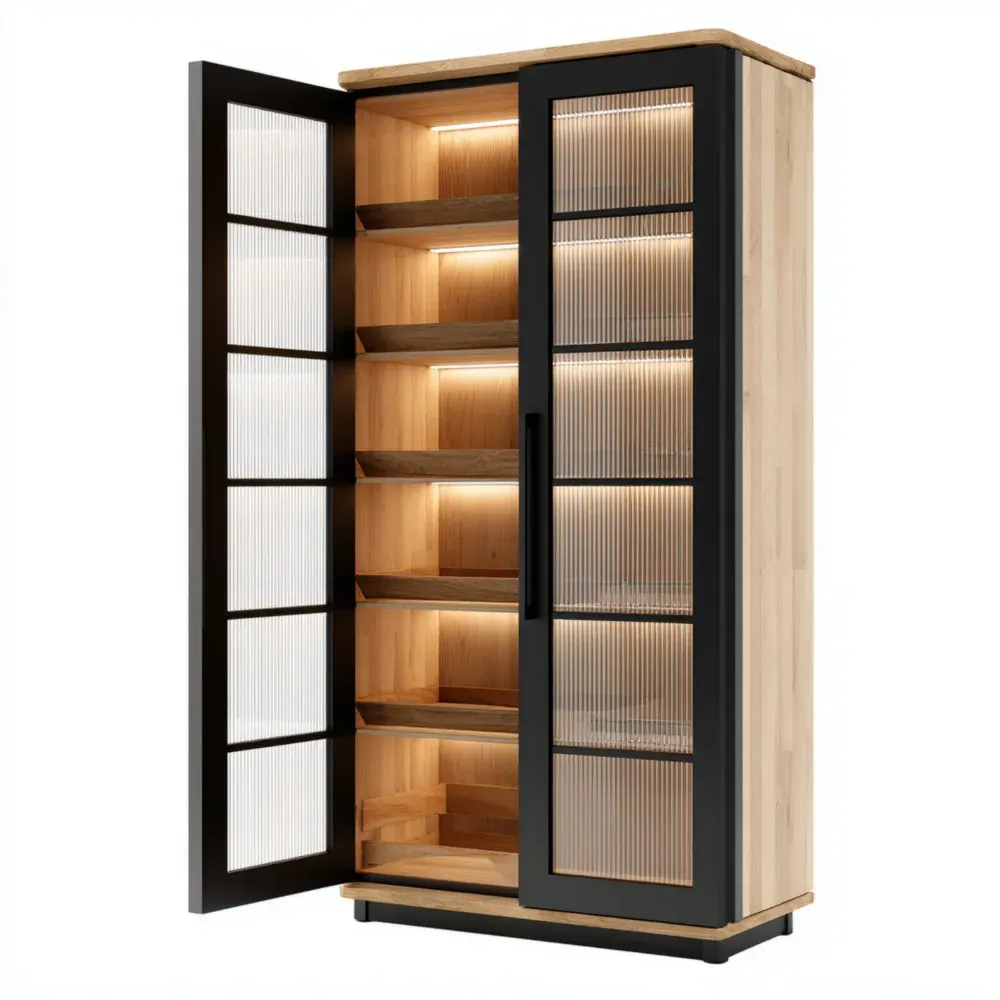 Vitrina de madera y vidrio 185x90x40 cm - Natural/Negro - Diseño contemporáneo