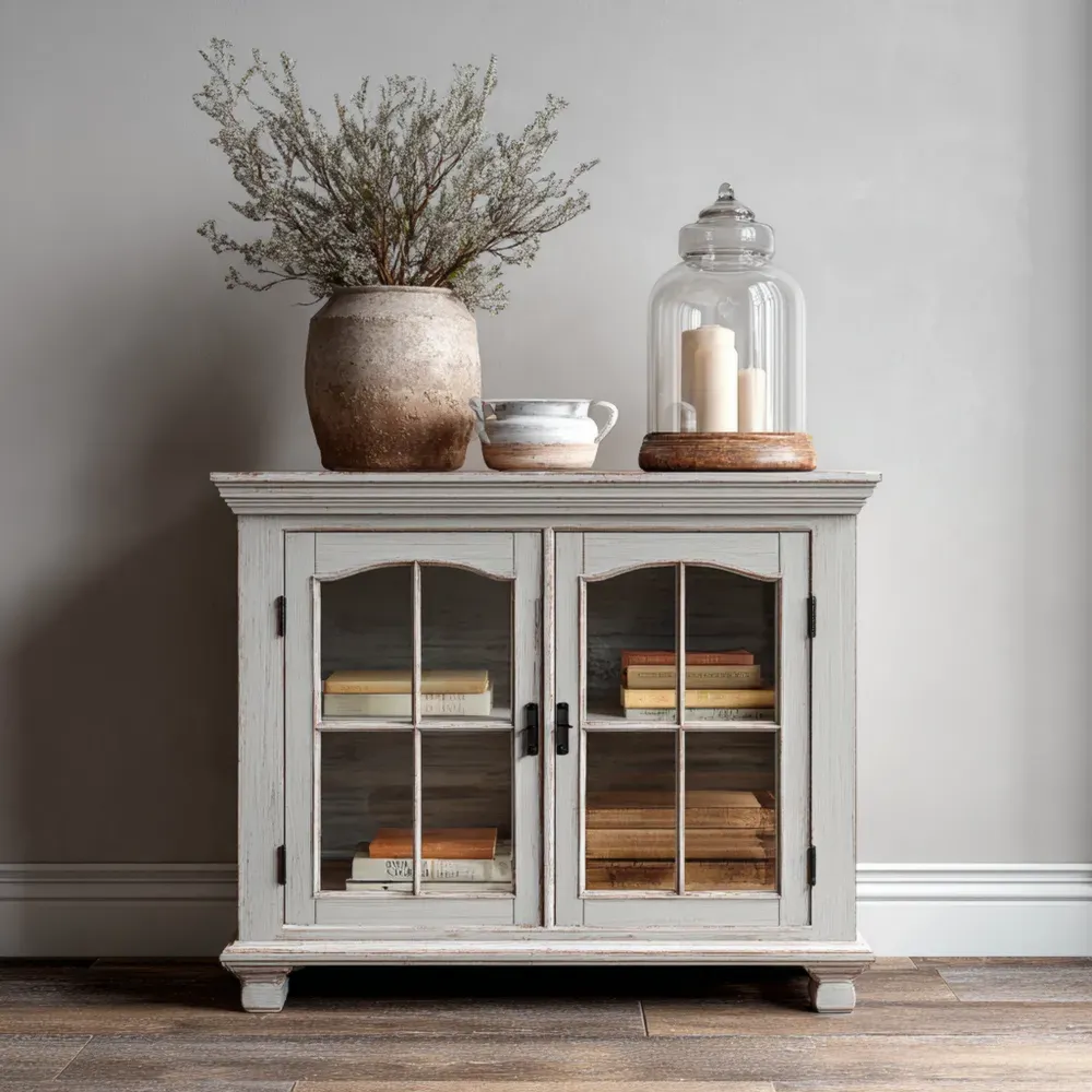 Armario de Exhibición de Madera 80x35x75 cm – Blanco Envejecido – Estilo Rústico