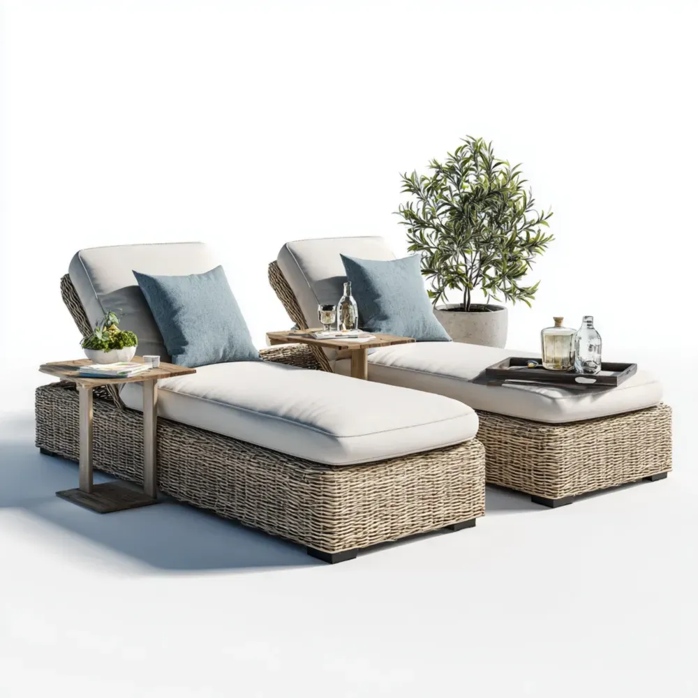 Conjunto de Tumbonas de Ratán Sintético 195x65x35 cm Cojines Blancos para Jardín