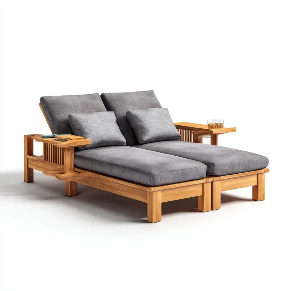 Tumbona Doble de Jardín 200x140x30 cm - Madera de Teca - Cojines Color Gris - Diseño Contemporáneo