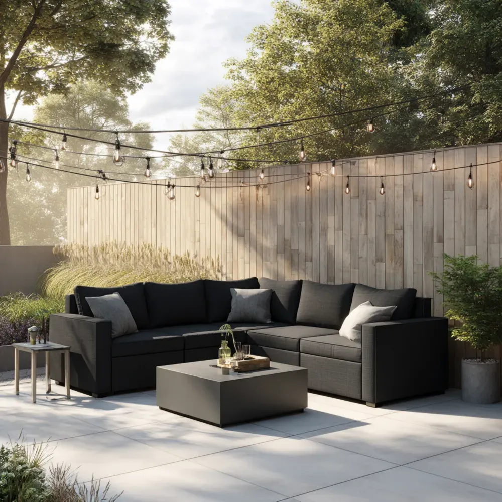 Sofá de jardín en esquina 240x240x74 cm – Tela Negra – Diseño Moderno