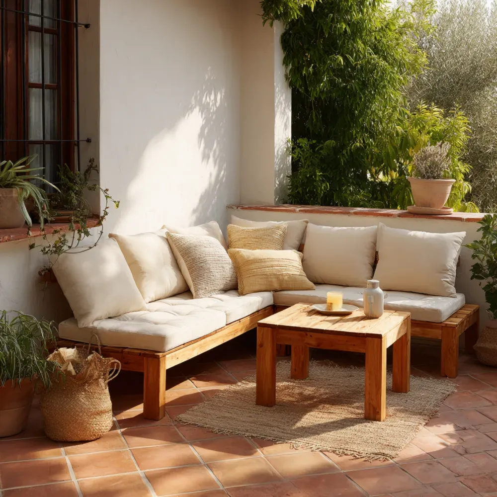 Juego de Sofá de Jardín de Madera 170x75x60 cm – Beige – Diseño Rústico