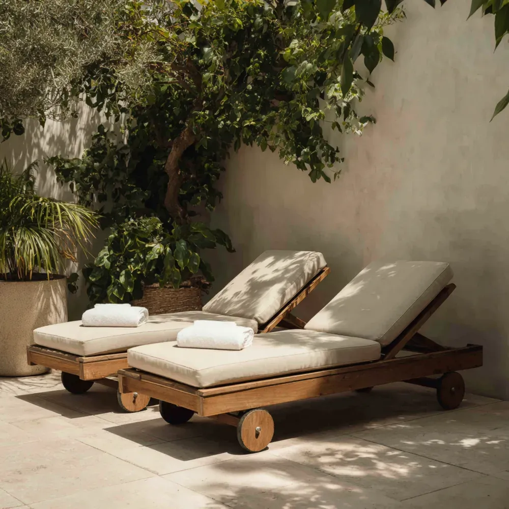 Silla tumbona de jardín 200x70x35 cm Madera Acolchada Ajustable - Beige - Diseño Clásico