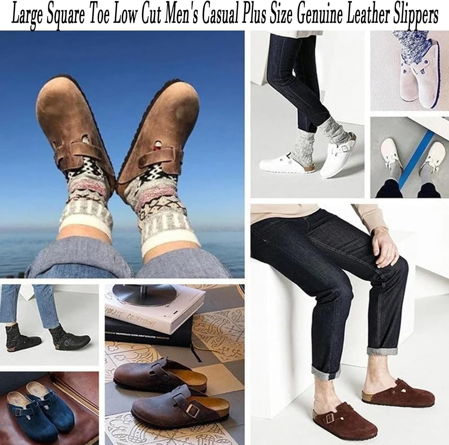 Large Square Toe Low Cut Men's Casual Plus Size Genuine Leather Slipper