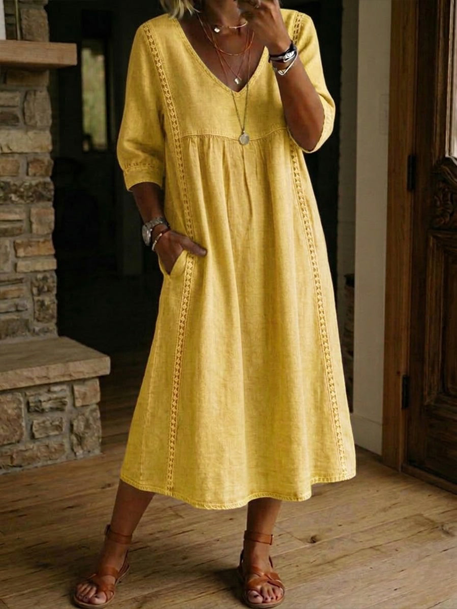 New Arrivals🔥Women's Casual Loose-fitting Patchwork Lace Trim Linen And Cotton Dress