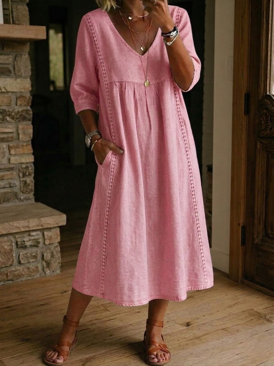 New Arrivals🔥Women's Casual Loose-fitting Patchwork Lace Trim Linen And Cotton Dress