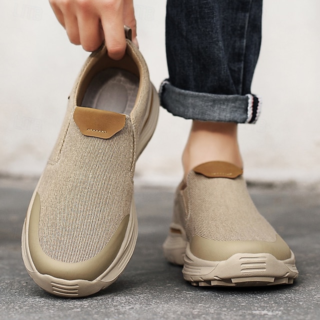 Men's Slip-On Beige Walking Shoes with Cushioned Sole – Comfortable and Breathable Sports Sneakers for Casual Wear and Outdoor Activities
