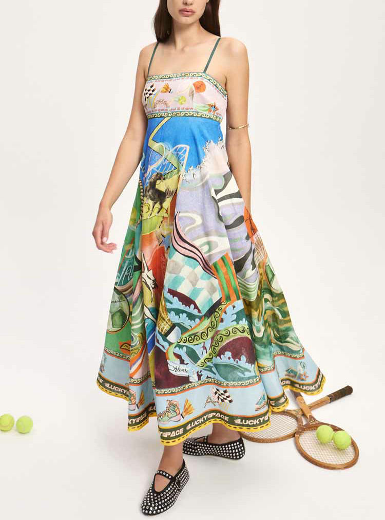 2026 New Elegant Printed Linen Spaghetti Strap Dress