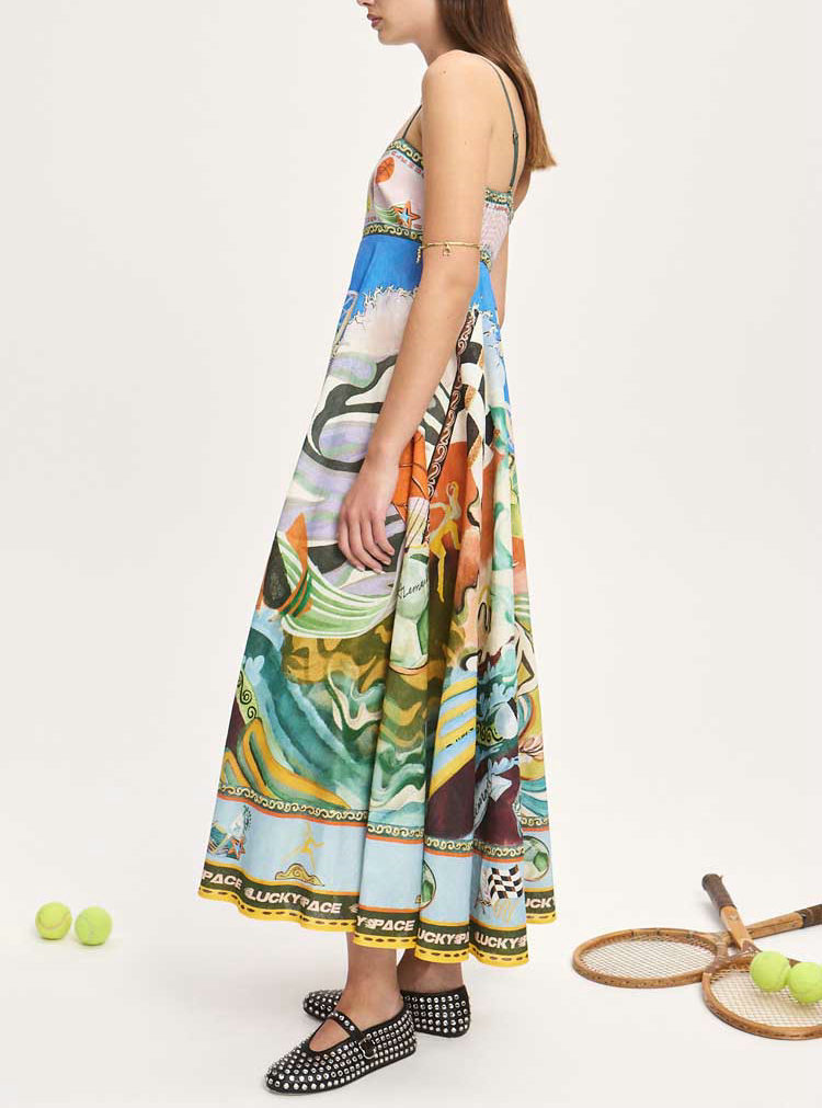 2026 New Elegant Printed Linen Spaghetti Strap Dress