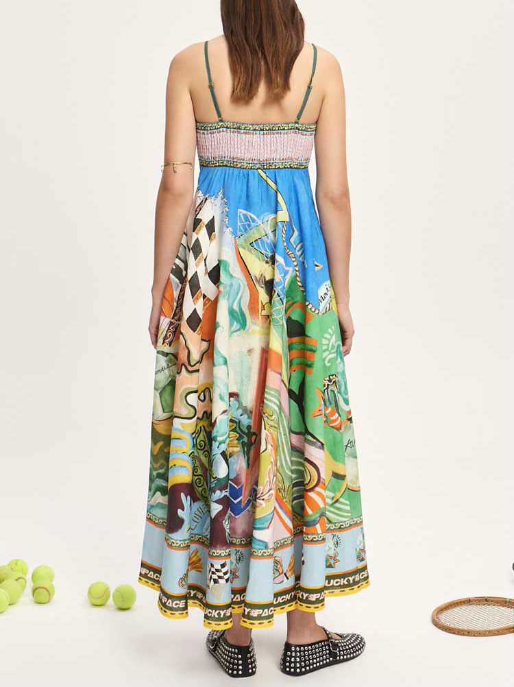 2026 New Elegant Printed Linen Spaghetti Strap Dress