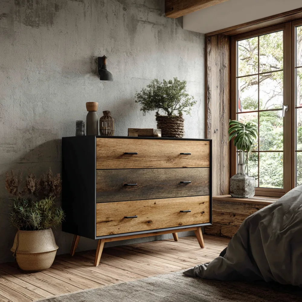 Cómoda de Madera Moderno 90x45x80 cm – Negro/Madera – Estilo Escandinavo