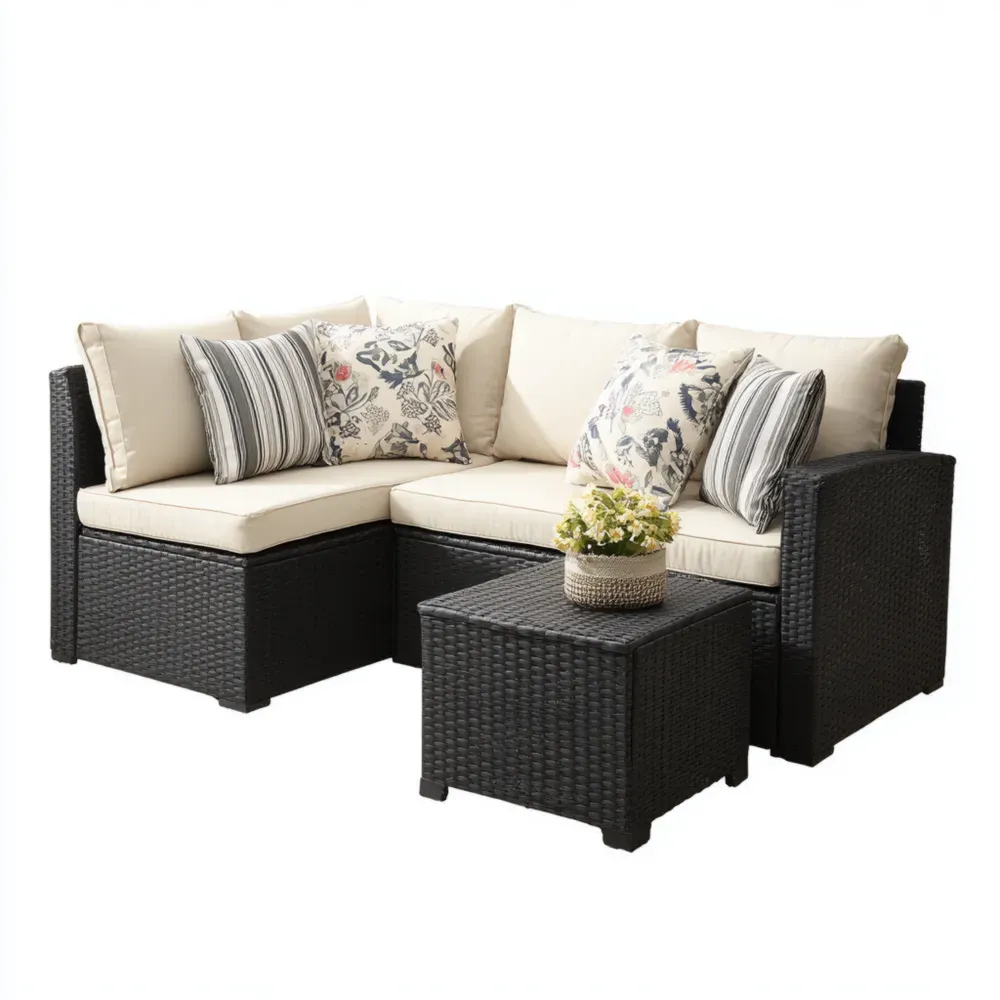 Conjunto de Sofá de Jardín Ratán Sintético 180x70x64 cm - Negro/Crema - Diseño Moderno