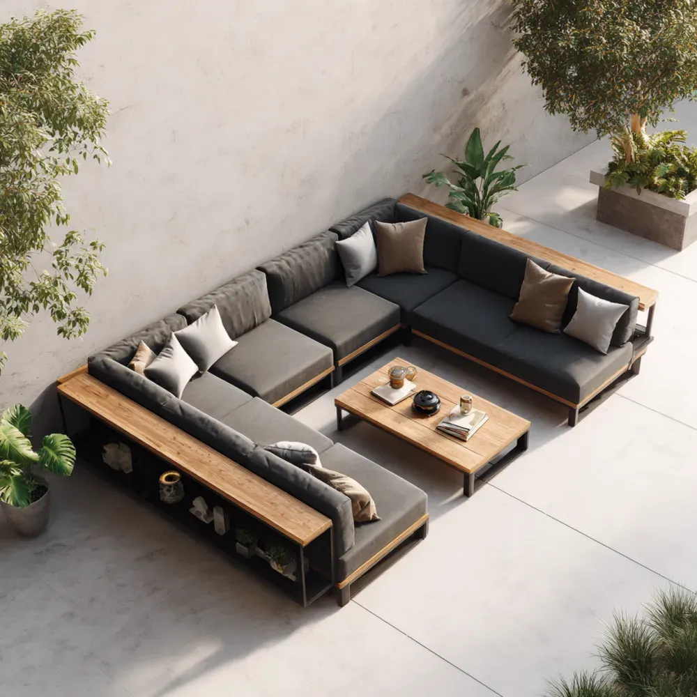 Conjunto de Sofás de Jardín Modular Aluminio/Madera 300x300x75 cm - Gris Oscuro - Diseño Contemporáneo