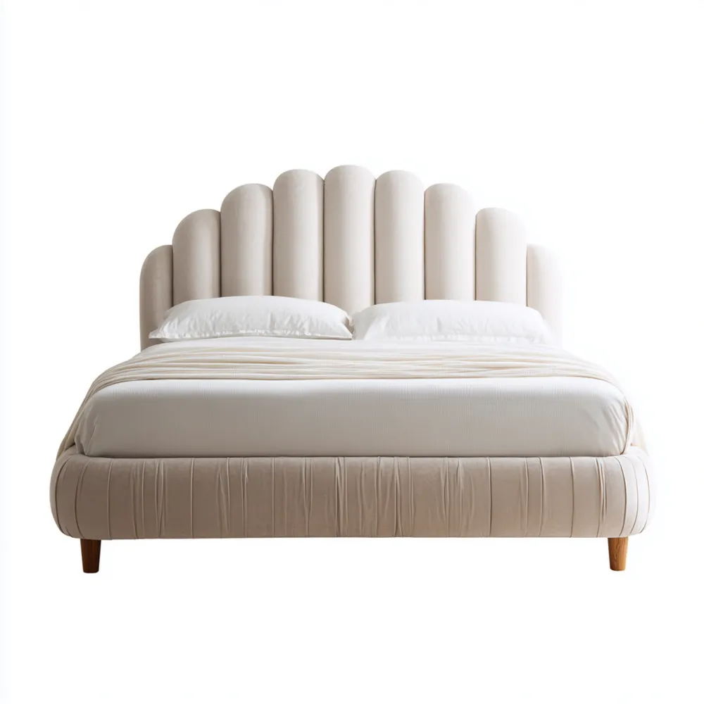 Cama Doble Tapizada Terciopelo 200x160x120 cm – Beige – Diseño Contemporáneo