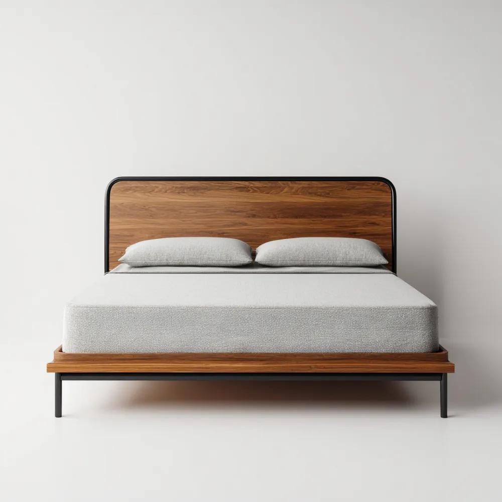 Cama Doble de Madera y Metal 200x150x90 cm - Color Nogal y Negro