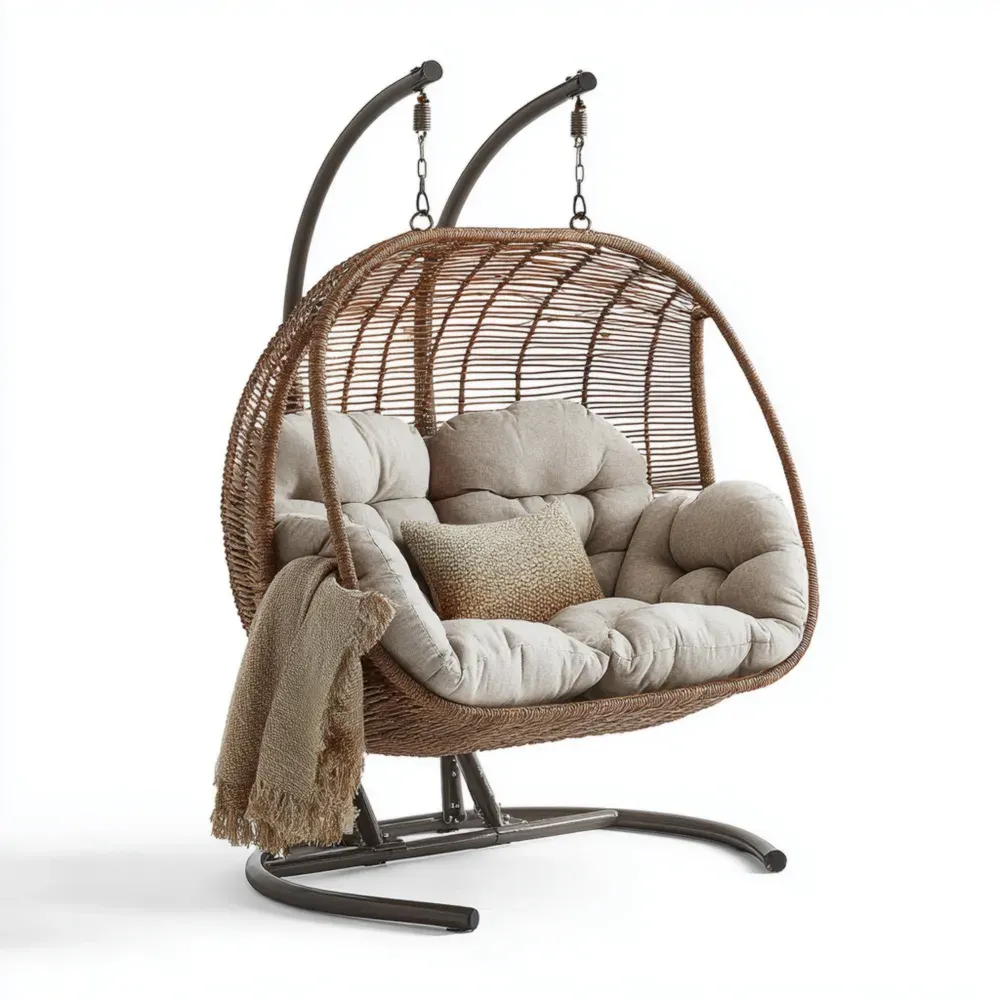 Silla Colgante Doble de Ratán Sintético 160x120x80 cm Beige/Marrón - Estilo Moderno