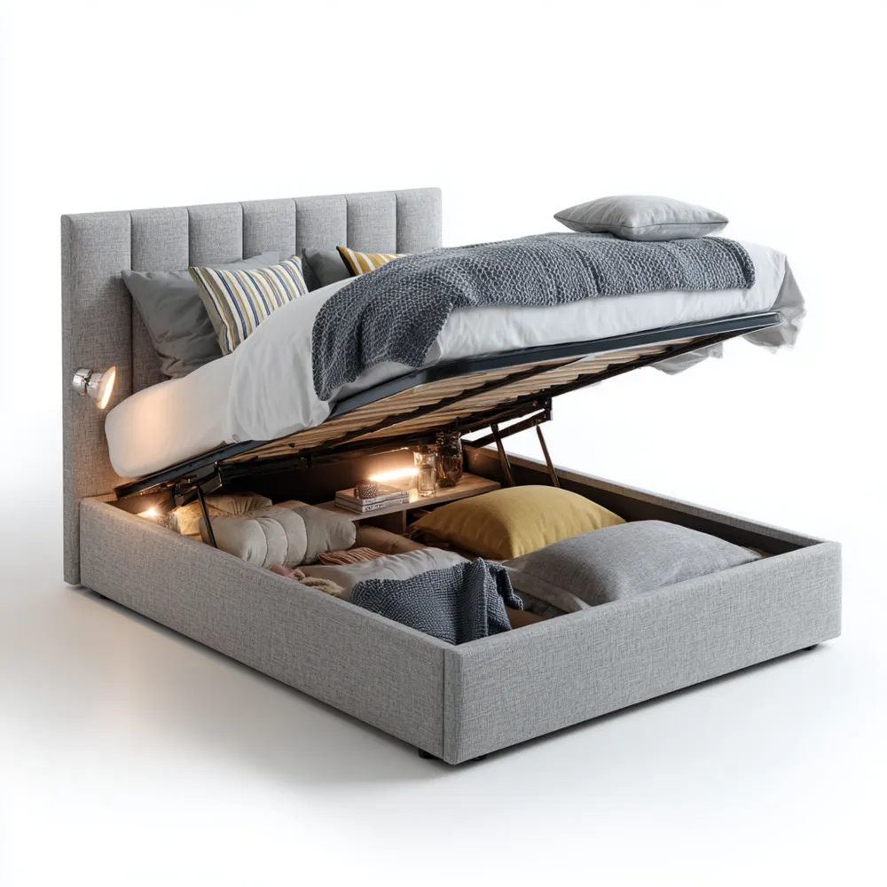 Cama con Almacenamiento Tapizada en Tela 200x160x35 cm - Gris - Diseño Moderno