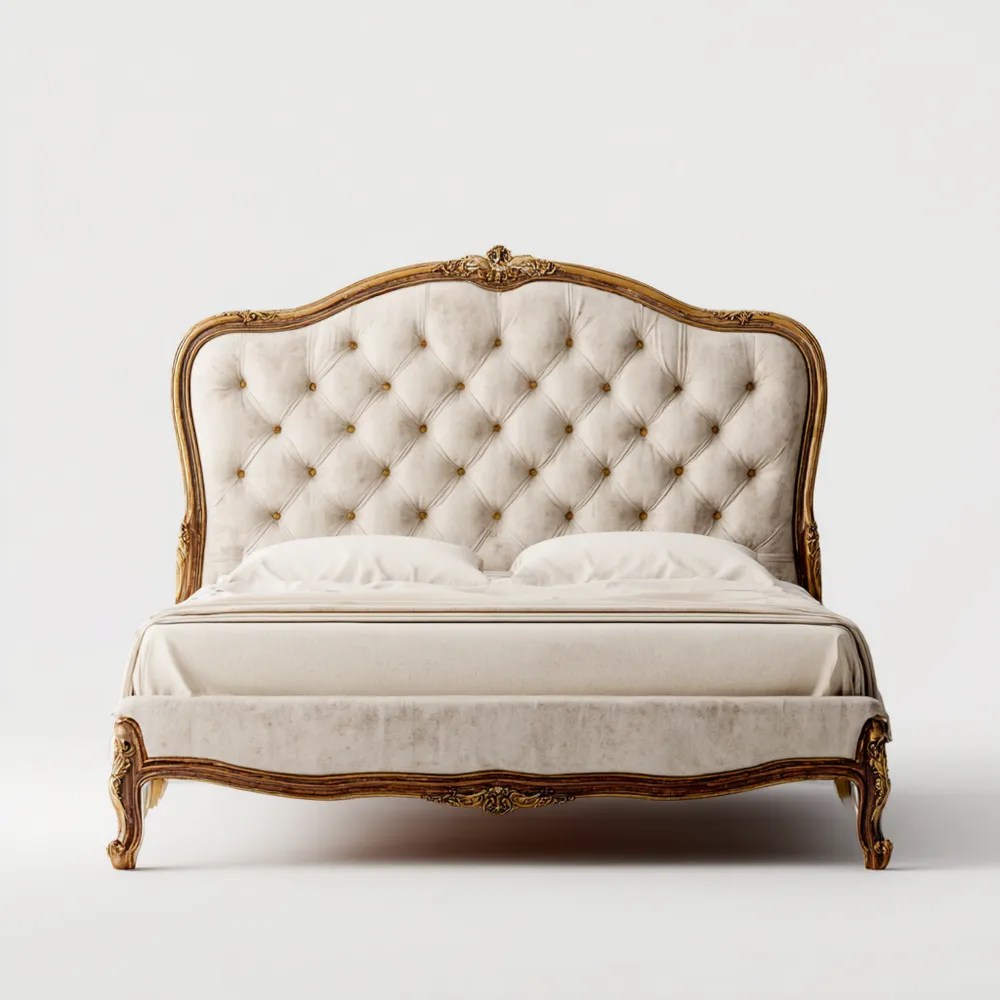 Cama Doble Tapizada de Terciopelo 180x200x120 cm – Beige – Diseño Clásico