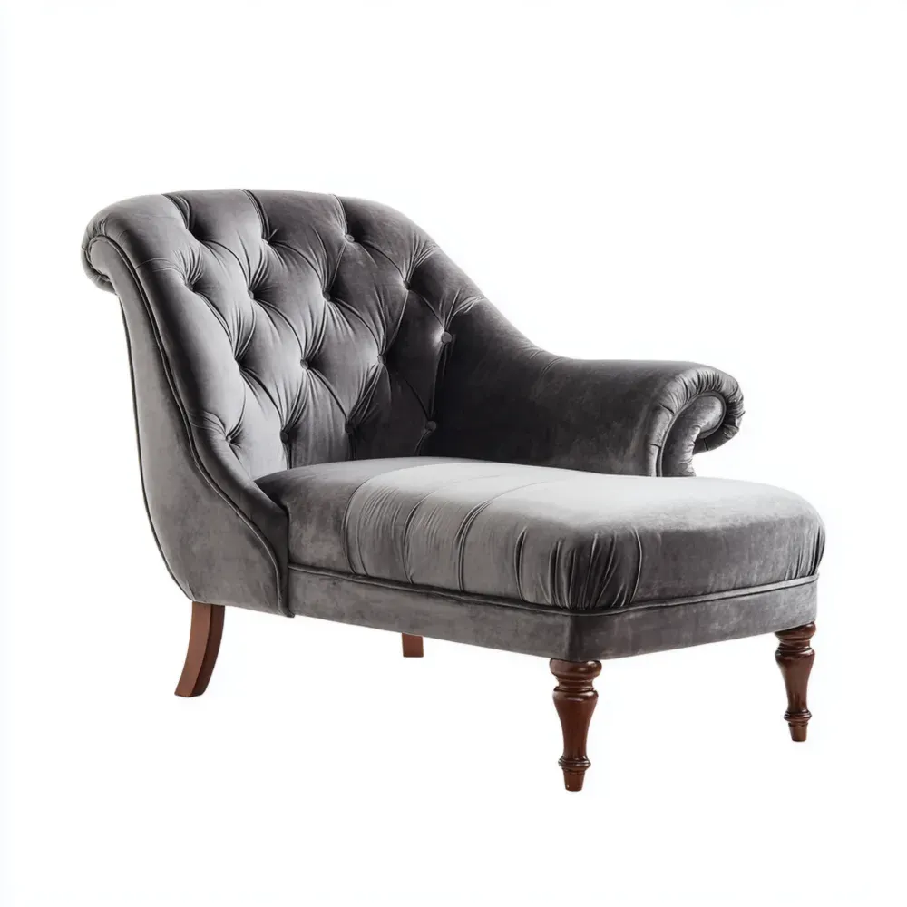 Chaise Longue Tapizada en Terciopelo Gris – Diseño Clásico 120x60x80 cm