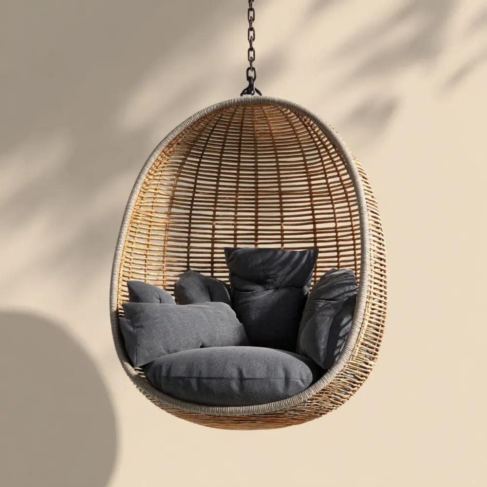 Silla Colgante de Rattan 100x65x120 cm - Interior/Exterior - Cojines Grises