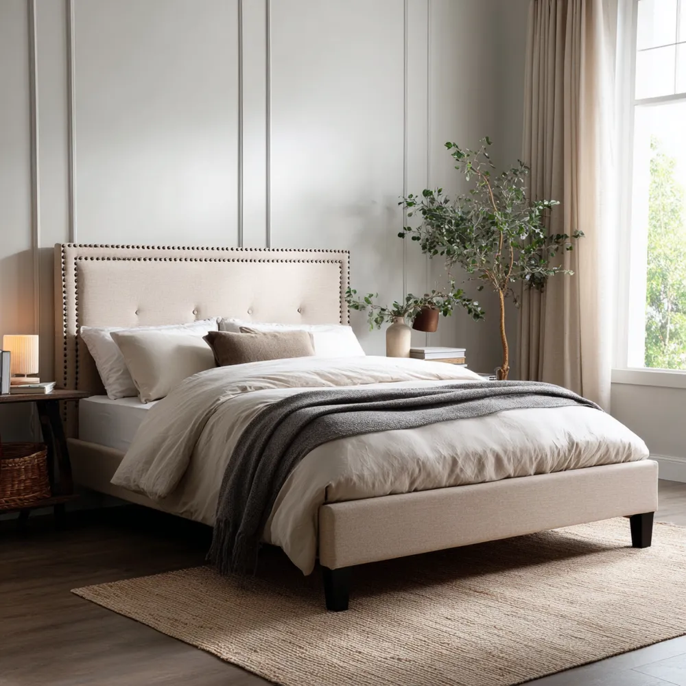 Cama Doble Tapizada 200x160x120 cm – Beige – Estilo Moderno