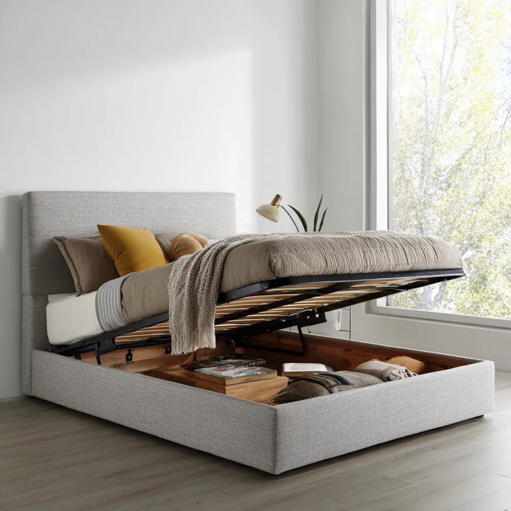 Cama con Almacenamiento Tapizada Tela 150x200x45 cm - Gris Claro - Diseño Moderno
