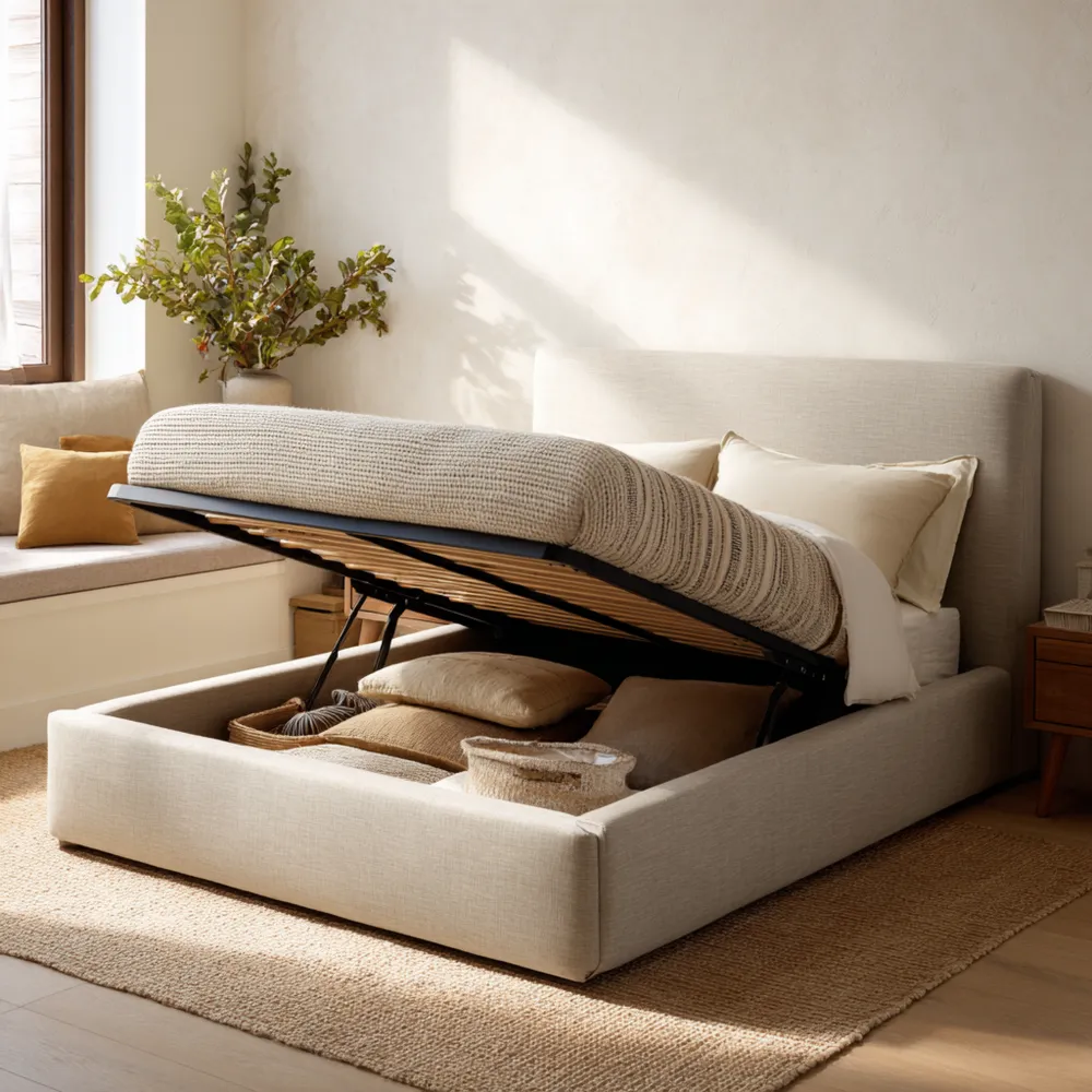 Cama con Almacenamiento Tapizada 200x160x100 cm – Beige – Diseño Moderno